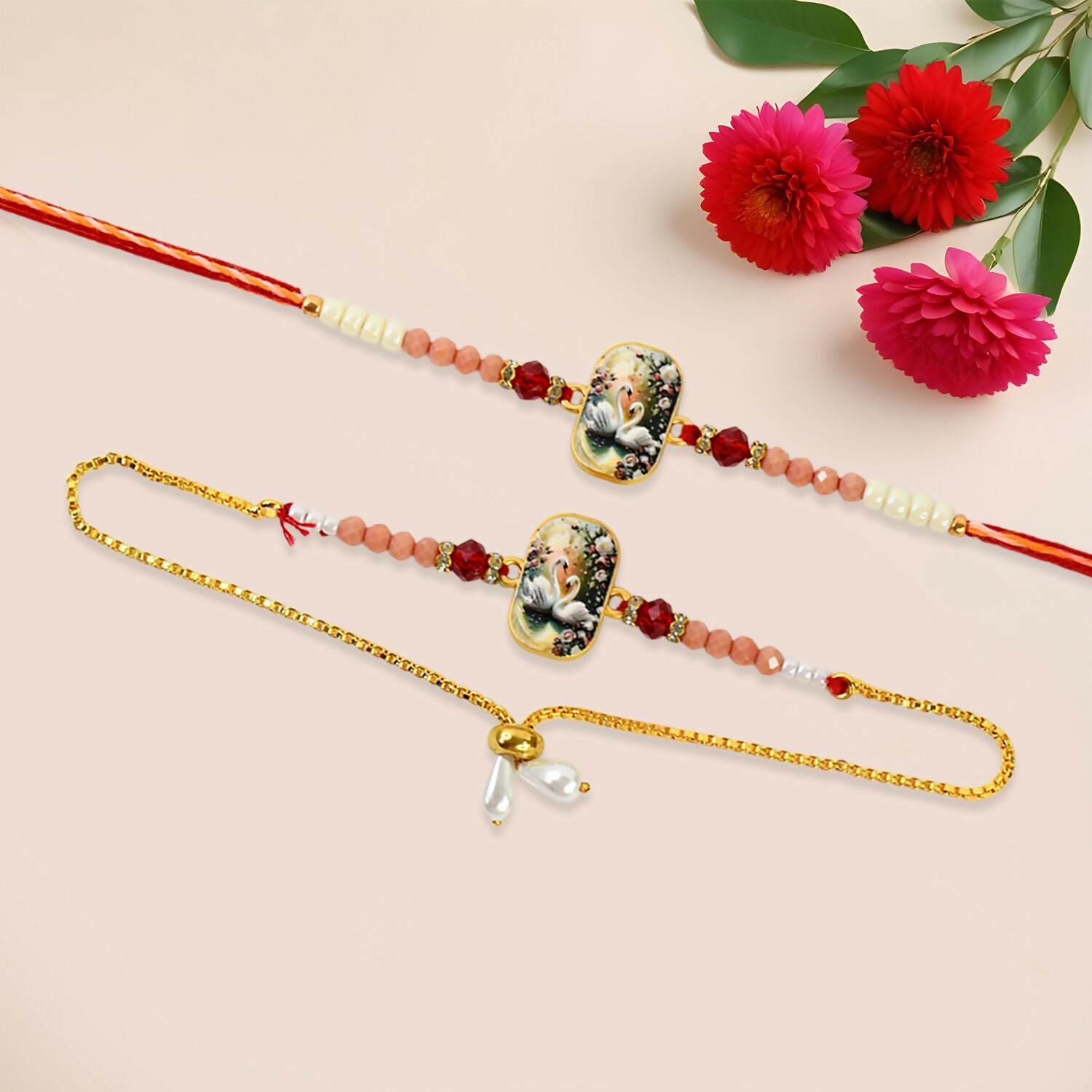 Elegant Swan Design Bhaiya Bhabhi Rakhi Set  Premium Printed Tile Rakhi With Crystal Beads  Adjustable Bracelet Elegant Swan Design Bhaiya Bhabhi Rakhi Set  Premium Printed Tile Rakhi With Crystal Beads  Adjustable Bracelet